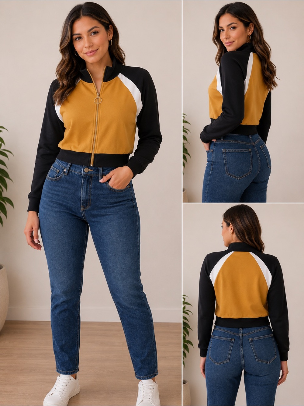 Hot Kiss Mustard, Black & White Cropped Bomber Jacket